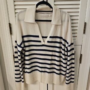 Vineyard Vines Navy and White Striped V-Neck Sweater